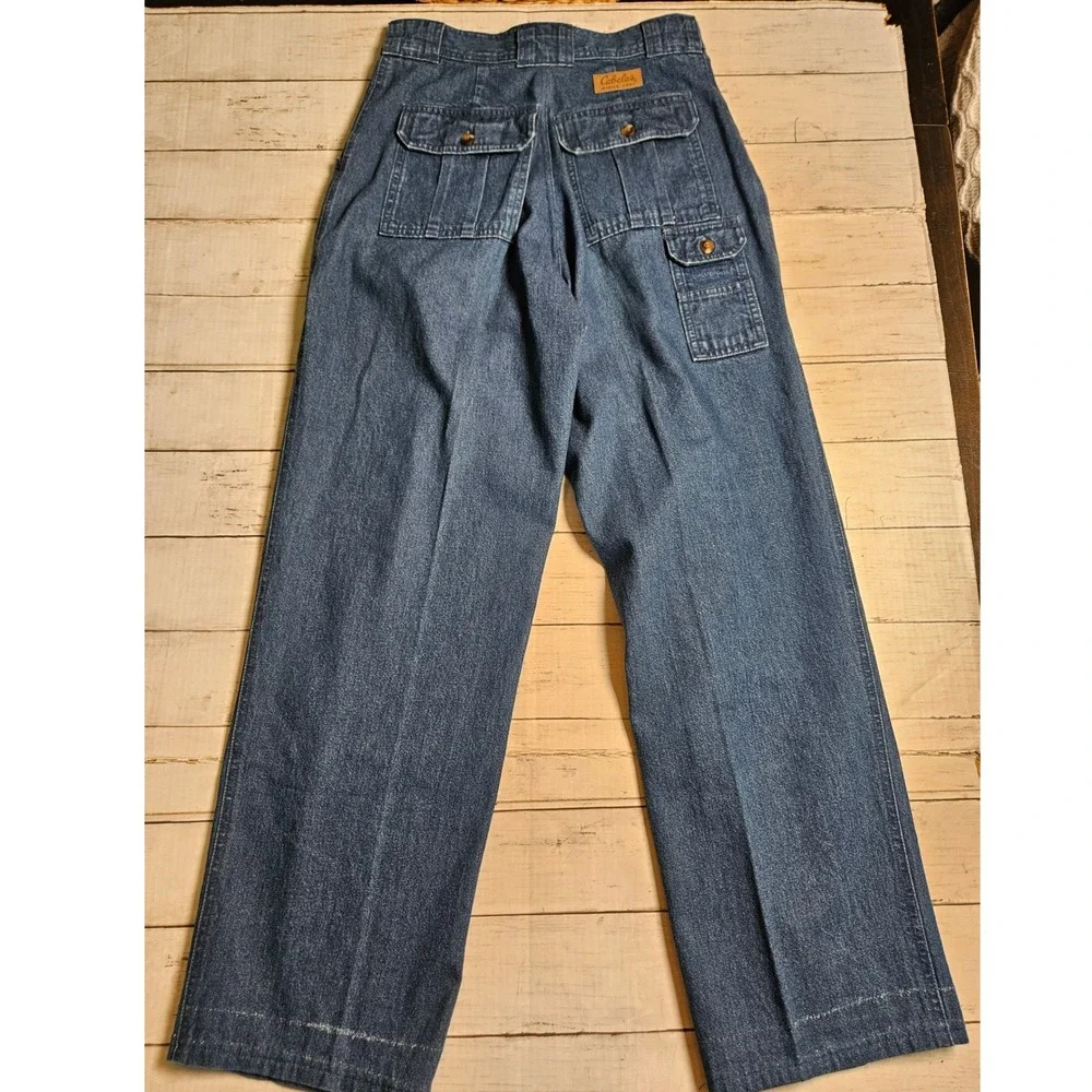 Cabelas Hiker Vintage High Waisted Cargo Jeans Wide Leg Denim Blue Pleated Sz 10
